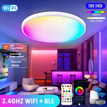 Новый светодиодный круглый потолочный светильник с регулируемой яркостью Wi-Fi, приложение Tuya, совместимое с Alexa Google Home, Спальня, гостиная, рассеянный свет