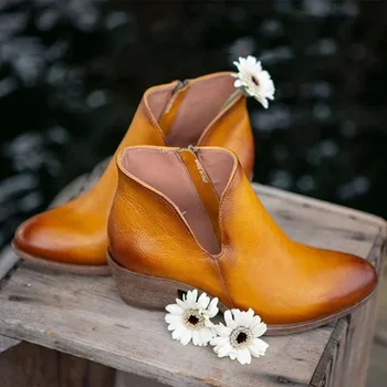 Обувь для женщин 2023, Высококачественные женские ботильоны, современные ботинки в стиле ретро, женская однотонная женская обувь на молнии с круглым носком и массивным каблуком
