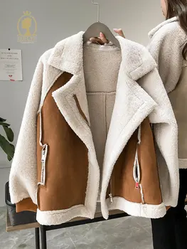 Осенне-зимнее женское пальто 2023, Новая повседневная Свободная верхняя одежда в стиле пэчворк, Корейская куртка с карманами в корейском стиле, Женская куртка из овечьей шерсти