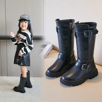 Осенне-зимние модные Черные кожаные сапоги для девочек, детские зимние ботинки, Резиновая обувь принцессы, детские простые сапоги до колена с пряжкой