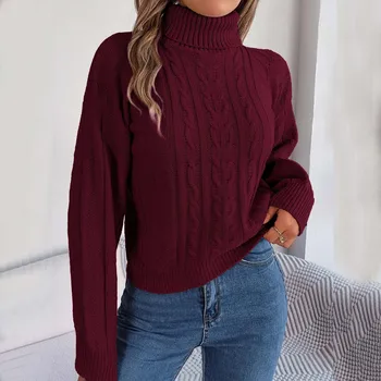 Осенне-зимний свитер для женщин 2023, Водолазка, вязаный пуловер с длинным рукавом, топы, однотонные свитера из ребристой вязки, уличная одежда
