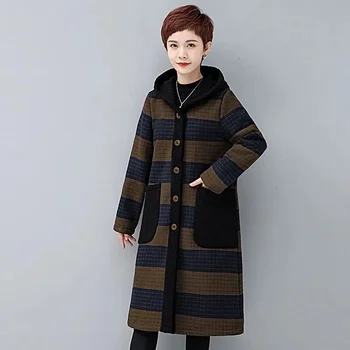 Осенне-зимняя мамина плюшевая куртка 2023, длинный винтажный тренч длиной до колен для женщин среднего возраста, теплый выстиранный хлопок
