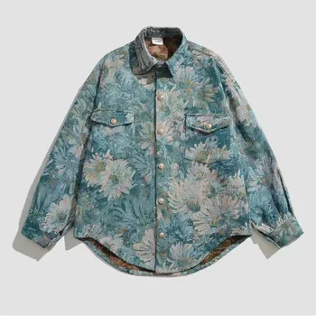 Пальто с принтом в стиле ретро, написанное маслом, мужская осенняя мода Y2K, непринужденный досуг, жаккардовая куртка в стиле хай-стрит в стиле панк, корейское женское платье