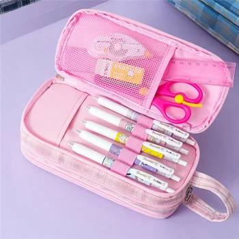 Портативный пенал большой емкости с 3 отделениями, холщовая сумка для карандашей, Милая канцелярская сумка для девочек, Студенческие принадлежности, Розовый