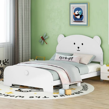 Прекрасная полноразмерная кровать, деревянная платформа с изголовьем и изножьем в форме медведя, прочная кровать, подходящая для детской спальни, белая