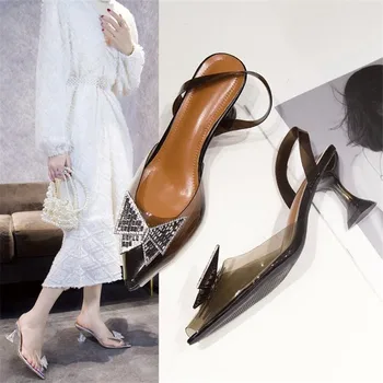 Прозрачные женские туфли-лодочки со стразами и бабочками в звездном стиле, Желеобразная офисная женская обувь, Летние босоножки на высоком каблуке, Свадебные туфли для новобрачных.