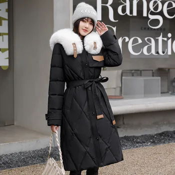 Пуховая куртка с хлопковой подкладкой, женская приталенная зимняя новинка 2023 года, длинная куртка выше колена на подкладке с большим меховым воротником