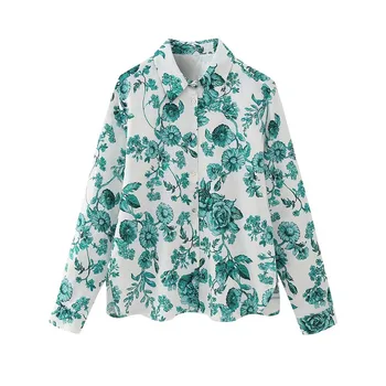 Ранняя осень, новая модная женская темпераментная повседневная универсальная рубашка в стиле ретро с отворотом и длинными рукавами из льняной смеси с принтом, свободная рубашка