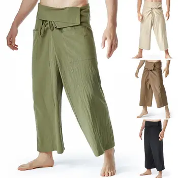 Тайские рыбацкие брюки Летние Широкие штаны-шаровары с завязками И карманами Мужская одежда из льна Повседневные Свободные Мужские брюки для боевых искусств