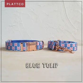 Уникальный дизайнерский набор для собак PLATTCO с рисунком синего тюльпана и высококачественной пряжкой из розового золота 5 размеров PDC353RG и PDL353RG
