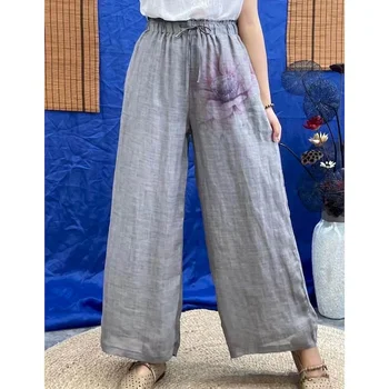 Хлопчатобумажные льняные брюки, женские широкие брюки с эластичной резинкой на талии и принтом, повседневные свободные мешковатые брюки, винтажные брюки в корейском стиле