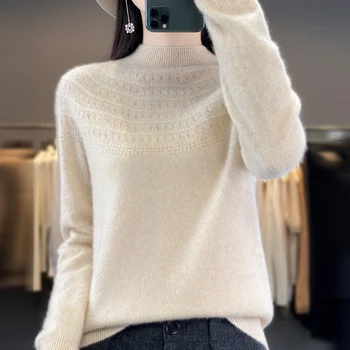 Шерстяной свитер с наполовину высоким воротником, Женские топы с макетом шеи и длинными рукавами, одежда 2023, Корейский Повседневный Женский пуловер-джемпер