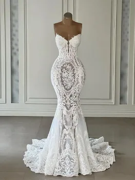 Элегантные свадебные платья Русалки без рукавов с V-образным вырезом, 3D кружева, без бретелек, аппликации из блесток, большие размеры официальных свадебных платьев