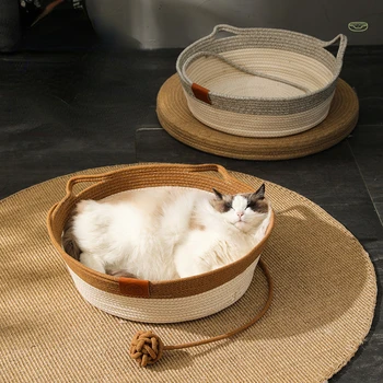 Японская кровать для домашних кошек, круглые кровати для кошек из ротанга ручной работы, летнее охлаждение, корзина для котенка, Хлопчатобумажные Веревочные корзины для кошачьих когтеточек